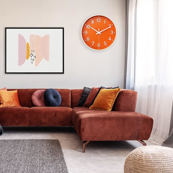 30 cm tyst väggklocka som smyger sekunder med arabiska siffror utan att ticka för dekoration Vardagsrum, kök, kontor, sovrum (orange och vitt)