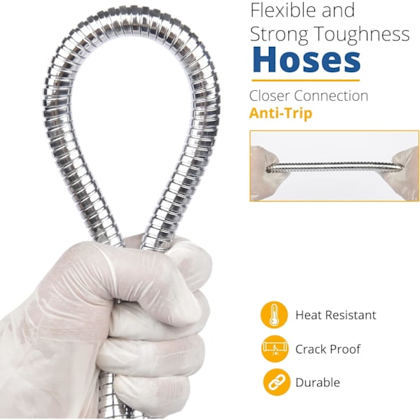 1,5 m (59”) Bruseslange | Rustfrit Stål Udskiftning Universal Pasform Bruseslange Anti-Kink Slange med 4 Skiver