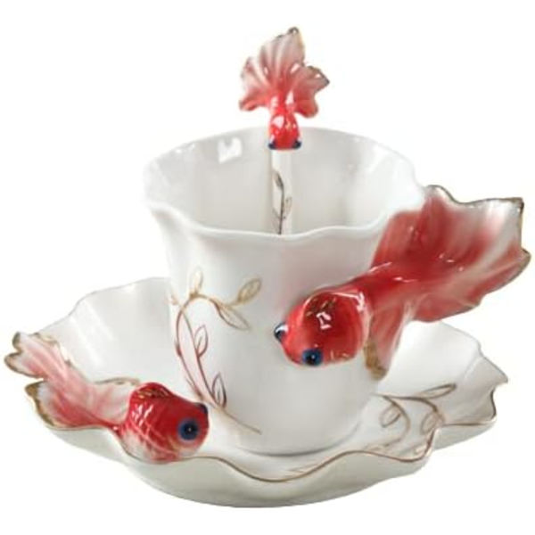 Keramisk tekop, 3D guldfisk kaffekop sæt, håndlavet glaseret porcelæn guldfisk kaffekop med underkop og ske, porcelæn tekop