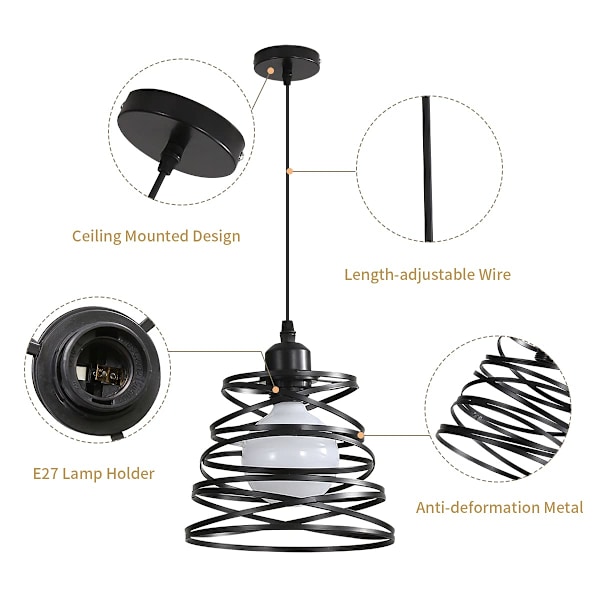 Vintage Industriell Pendellampe, E27 Industriell Lysekrone med Spiraltrådskjerm, Retro Metall Taklampe, Svart
