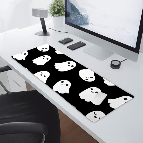 Kawaii Cartoon Spooky Rolig Ande Utökad Skrivbordsmatta Halksäker Bas Sydd Kant Stor XL Svart Vit Musmatta