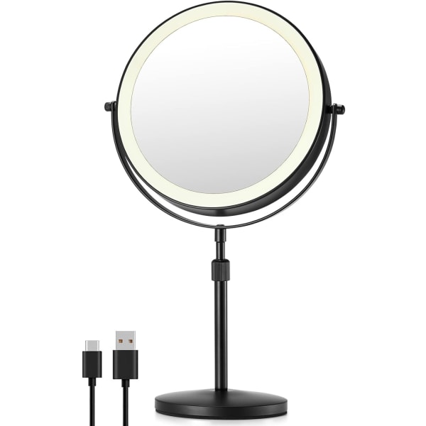 10X forstørrelsesglas makeupspejl med lys, 8,5 tommer dobbeltsidet, drejefrit makeupspejl med højdejusterbart stativ