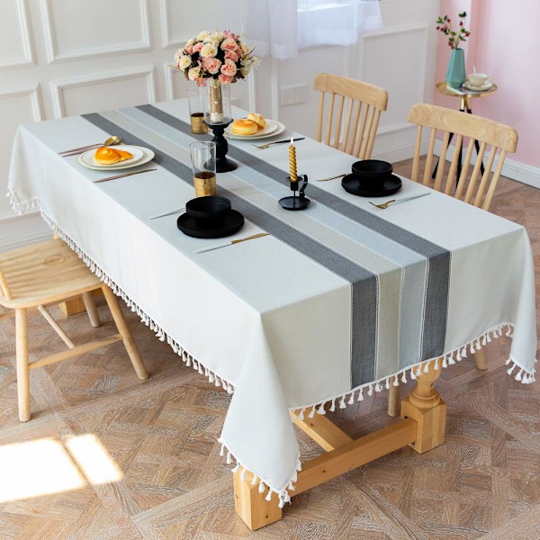 Rektangulär Duk Anti-Fläck Tvättbar Bomull Linne Duk Broderad Tofs Dukar (Grå Tofs Rand, 140x140CM)