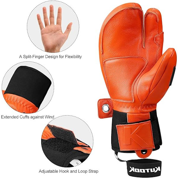 Talvisten hiihtohansikkaat, lämpimät, vedenpitävät, vuohennahasta, pidennetty ranne, lumilautailu, ulkoilu, 2XL Orange 2XL