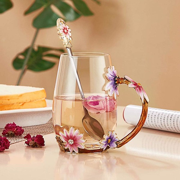 Håndlavet Emalleret Glas Kaffe Kopsæt med Sommerfugl Form Te Kop med Ske Fødselsdag Julegaver til Hendes Kvinder Mødre Veninder Lærere Valentinsdag Mødre