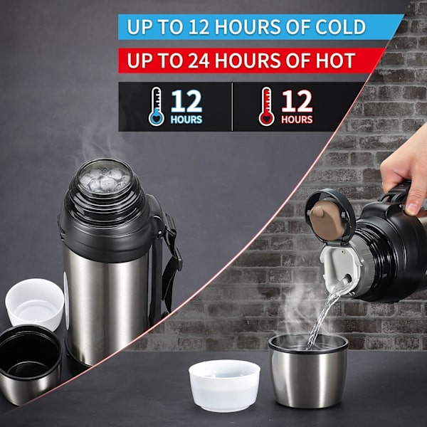 2,5 l Isolerad Termosflaska i Rostfritt Stål för Resor med BPA-Fri Mugg - Stor Vakuumflaska silver
