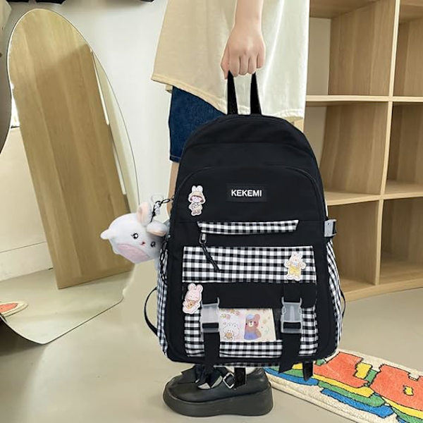 Kawaii Harajuku Rygsæk Sød Ternet Studenter Rygsæk (Sort)