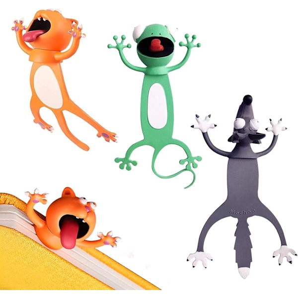 3 kpl Wacky Pals -kirjanmerkkejä, 3D-eläinkirjanmerkkejä, hauskoja kirjanmerkkejä pojille ja tytöille, opiskelijoille, lahjoja (kissa, susi ja gekko) 3pcs