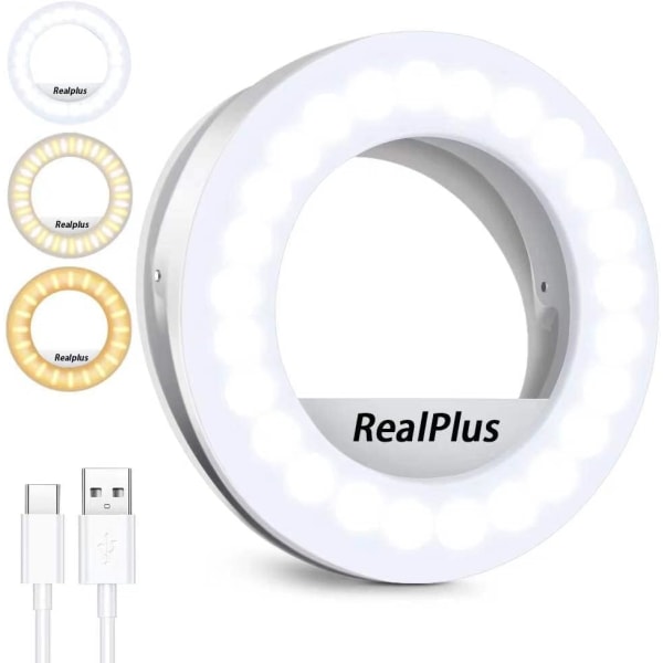 Selfie Ring Light, Clip-on Ring Light [Oppladbart] med 3 farger og 40 lysdioder, Dimbar Selfie Light for telefon, nettbrett, bærbar PC, Zoom Meeting