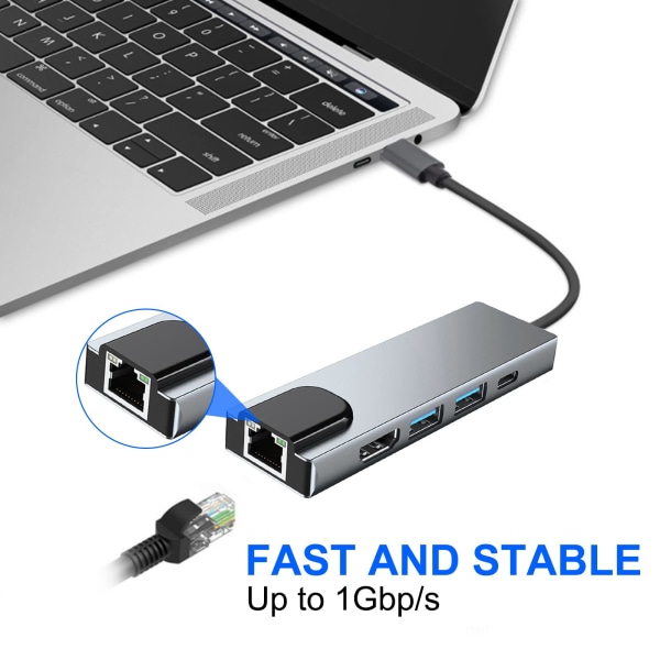 5 i 1 USB C dockningsstation, typ C till HDMI-adapter, RJ45 Ethernet, 4K HDMI, 100W PD, 2 USB 3.0 kompatibel med MacBook Pro /Air och Type C-enheter
