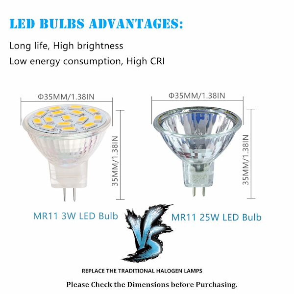 12V 3W MR11 LED-halogenlampor GU4.0-sockel Varmvitt (3000K, 6 st)