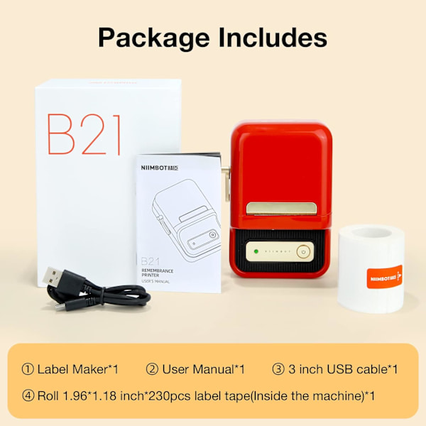 B21 Etiketmaskine, Bluetooth Stregkodeetiketprinter Udskrivningsstørrelse 20-50 mm, Kompatibel med iOS & Android med 1 rulle startpapir i hvid Red