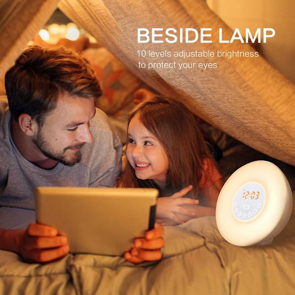 Sunrise Alarmur med Lys Opgraderet Version Lysalarm med Solopgang/Solnedgang Simulation Dobbelt Alarm og Snooze Funktion, 6 Farver Atmosfærisk Lampe