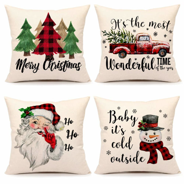 4 Christmas Pillowcase 18x18"-Tree,Country Truck,Santa,Snowman