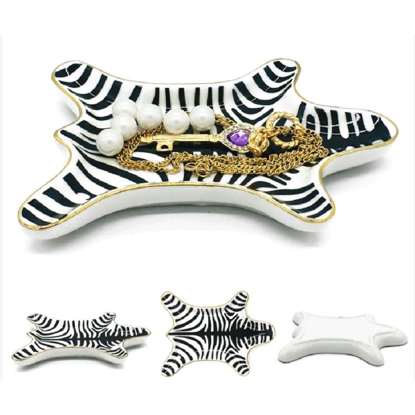 Zebra stribe smykkebakke Keramiske fade tallerken forgyldt 5,9", sort
