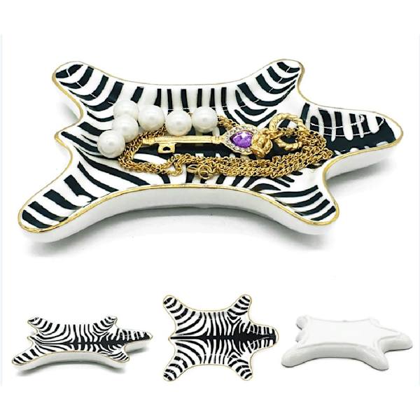 Zebra Stribet Smykkebakke Keramiske Tallerkener Forgyldt 5.9\", Sort