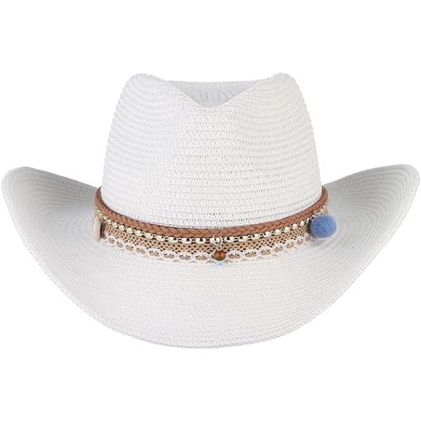 Sommer Cowboy Cowgirl Hatt Unisex Rullbar Kant Western Cowboy Hatt Straw Strandhatt, hvit