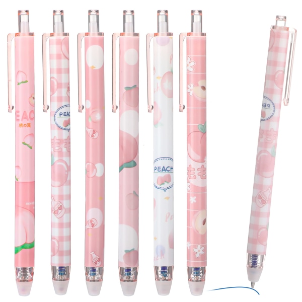 Pyyhitettävät kynät - 6 kpl 0,5 mm:n sisäänvedettävät hankaavat kynät - sarjakuva lasten kynä rullapallo - söpö vaaleanpunainen persikka