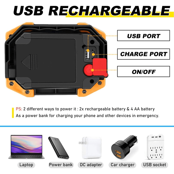 30W LED Arbetslampa COB Floodlight Super Ljusstark 2000LM Bärbar Utomhus Batteri Säkerhetslampa USB Vattentät