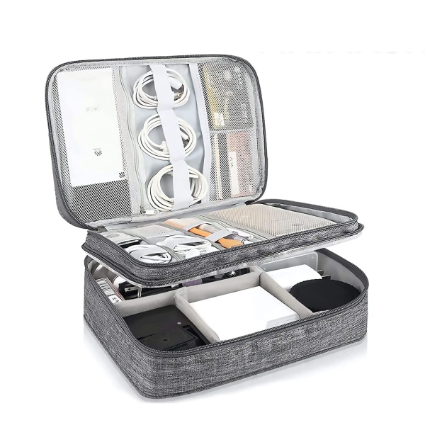 Travel Cable Organizer Väska, 3-lagers universal vattentät bärbar organizer för kabelladdare Laddare Mus hårddisk USB -disk (grå)
