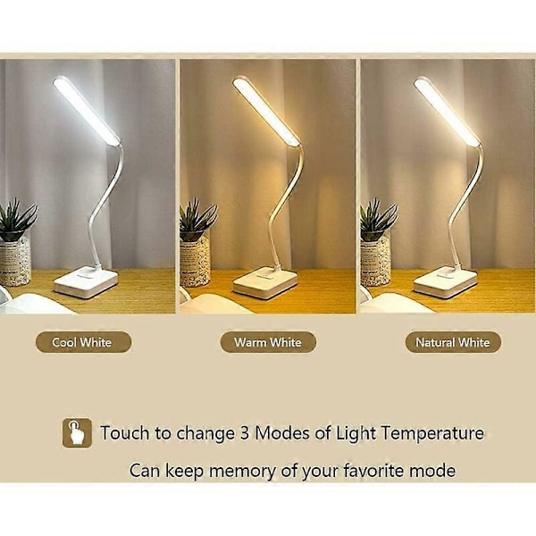USB Laddningsbar Trådlös LED-Skrivbordslampa, 2000mAh Batteridriven, Touchkontroll 3 Färger 6 Justerbar Ljusstyrka