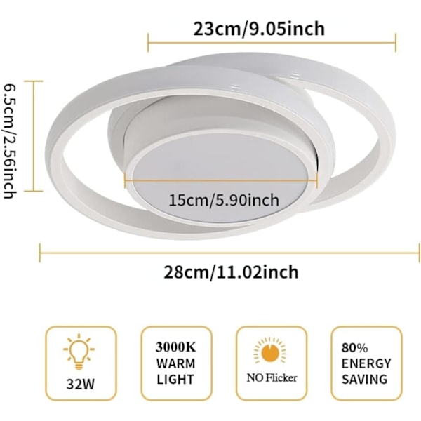 Moderne LED loftlampe 32W 2350LM, varmt hvidt lys 3000K, rund loftlampe, velegnet til soveværelse, entre, balkon og korridor