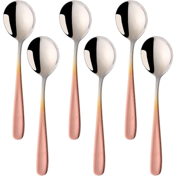 Bouillon skje sett, 7 tommer runde suppe skjeer, rustfritt stål finish bordskjeer (gradient roségull)