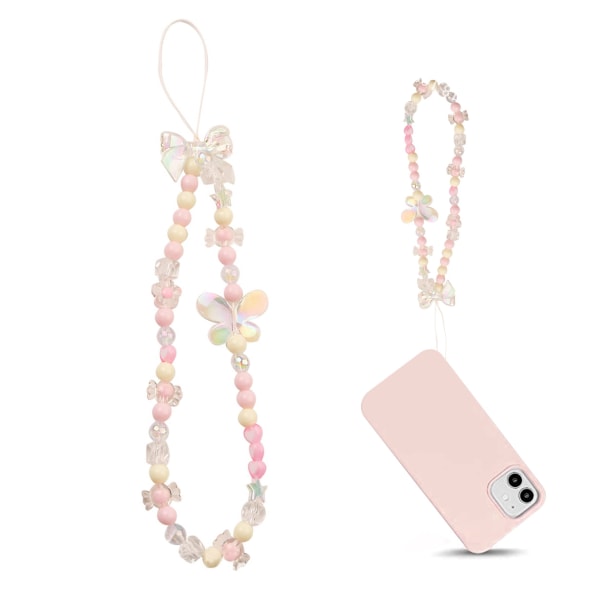 Mobiltelefon Charm Söt - Beaded Phone Strap Cell - Lanyard Butterfly Phone Lanyard - Anti-Lost Universal handledsrep Chain Fashion (Rosa)