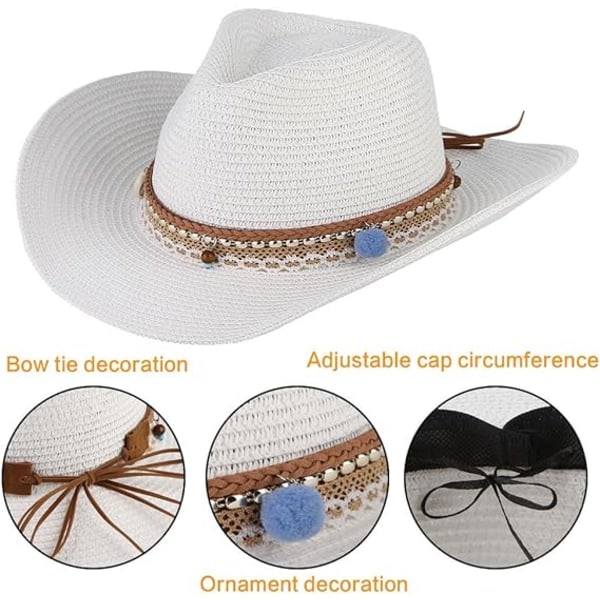 Sommar Cowboy Cowgirl Hat Unisex Roll up BrimWestern Cowboy Hat Straw Beach Cap，vit