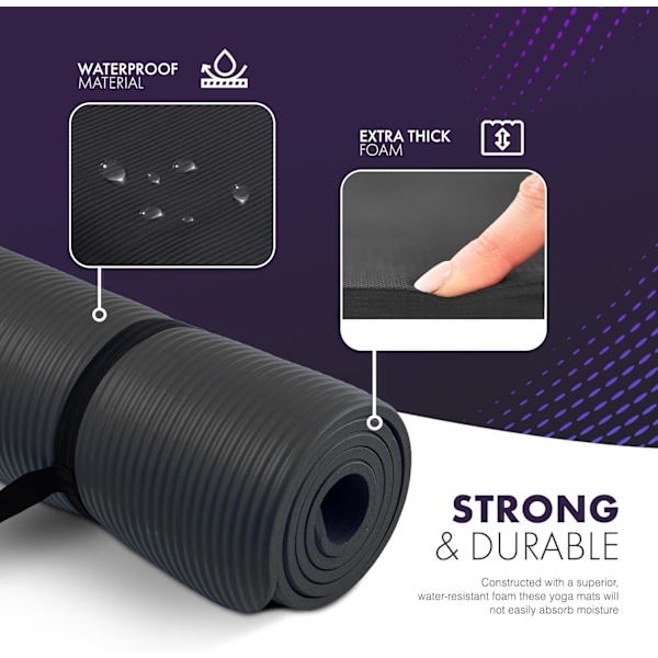 Yogamatta – Multifunktionell Extra Tjock Skumträningsmatta – Idealisk Golvmatta för Pilates, Stretching, Styrketräning & Terapi – 183 x 60 cm (Svart)