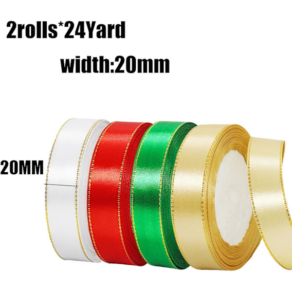 4-pack 20mmx22m Grön/Röd/Guld/Vit Band med Guldkant, Jul Dubbelsidigt Satinband Rulle för Hantverk DIY, Julband för Presentinslagning