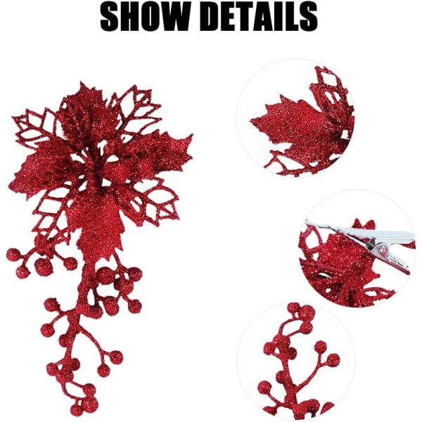 Julestjerne kunstige blomster, 6 stk Juletræ Blomsterdekorationer Rød julestjerne julepynt med klips