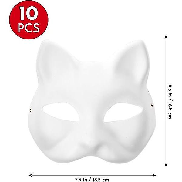 10 kattemasker til at male, dyreudklædningsmasker DIY hvide masker halv til maskerade Halloween børns cosplay masker kostume