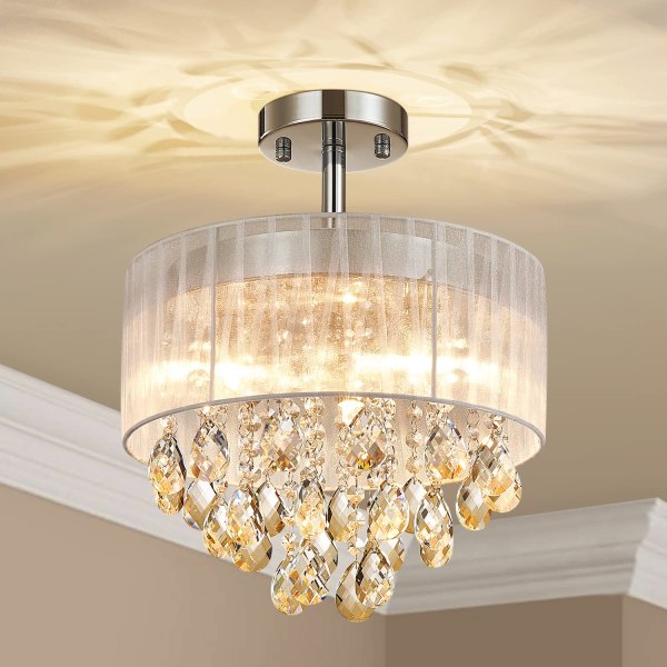 Krystal Lysekrone, Lysekrone med Hvid Skærm, Moderne Flush Mount Loftlampe til Soveværelse, Stue, Spisestue