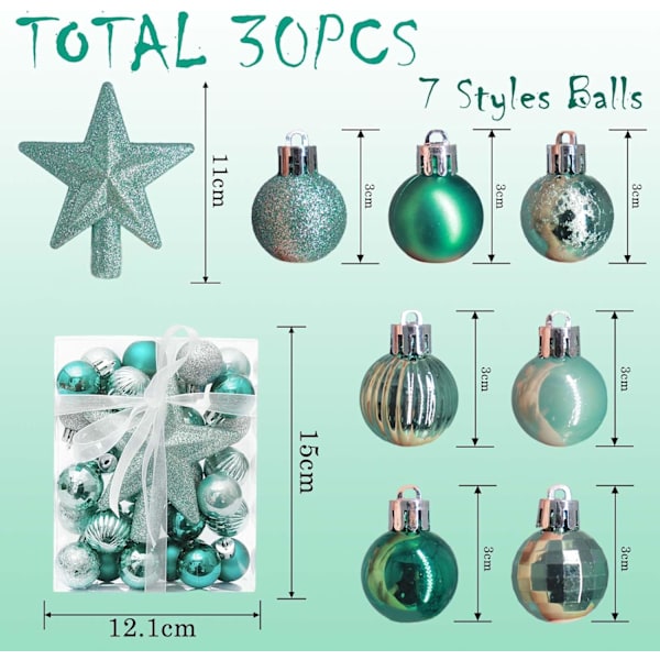 Julgranspynt, 30 st julgranspynt i liten storlek med stjärnformade julgranspynt, blå julgranskulor, hängande pynt för julgranen
