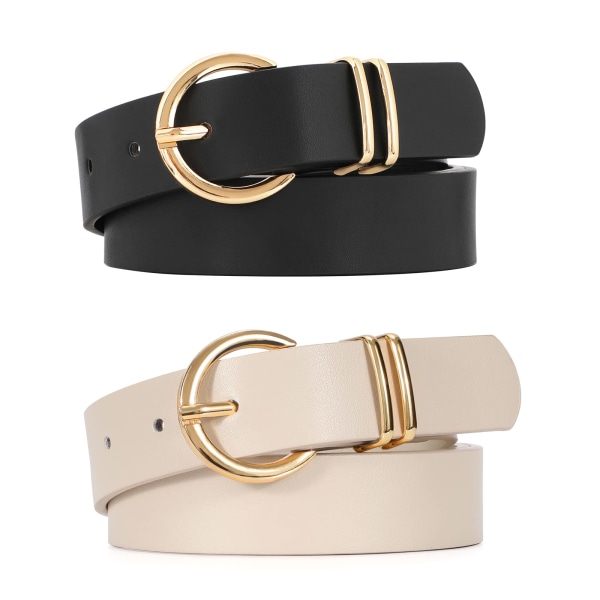 Women’s Leather Belts for Jeans Dresses Fashion Gold Buckle Ladies Waist Belt,2 Pack