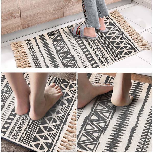 Teppe, Boho-teppe med dusker Vevde vaskbare bomullstepper for kjøkken, stue, soverom, vaskerom, entre, 60x90cm (C)