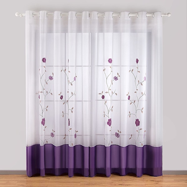 Set med 2 Öljettgardiner med Blomsterbroderi, Skira Gardintyger för Sovrum Kök Vardagsrum, 140cmx175cm, Lila