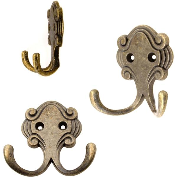 Antike Dobbelt Kroge, Frakkekroge, Håndklæde Kroge, Tøj Kroge, Jern Kroge i Messing Bronze Design, Vintage Landhus Retro, Sæt af 4