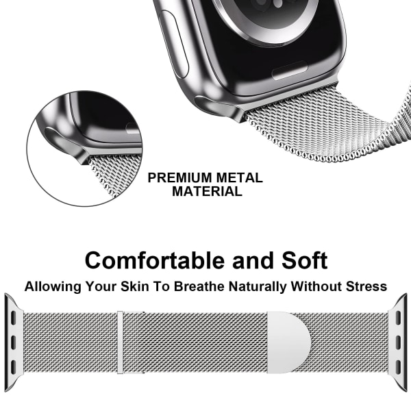 Apple Watch remmar 41 mm 40 mm 38 mm damer män-dubbel magnetiskt justerbart ersättningsband - mode metallrem silver