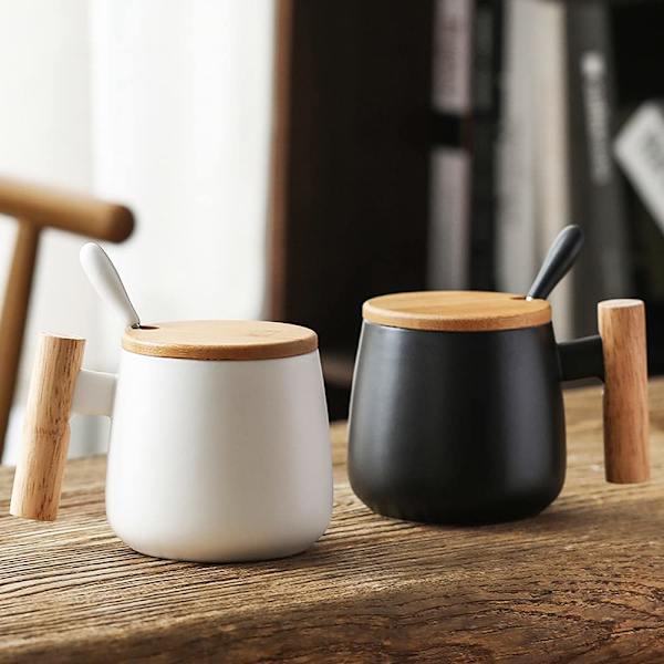 Keramisk kaffekrus Kaffe Te Kopp med lokk og skje, Melkekopp Drikkekopper(Svart)