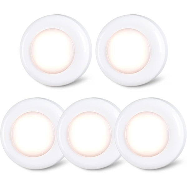Mini Touch Press LED-spotlight för inomhus, bärbar, självhäftande bas, batteridriven, under skåp, varmvit, 5-pack