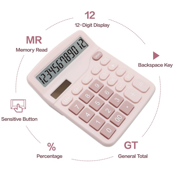 Rosa miniräknare, 12-siffrig skrivbordsräknare med stor LCD-skärm
