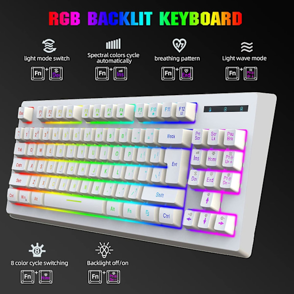 87-tasters gaming tastatur, 2.4G trådløs RGB termisk overførsel, 1800mAh, kompatibel med Windows, til arbejds-pc og trådløs gaming tastatur til hjemmet (hvid)