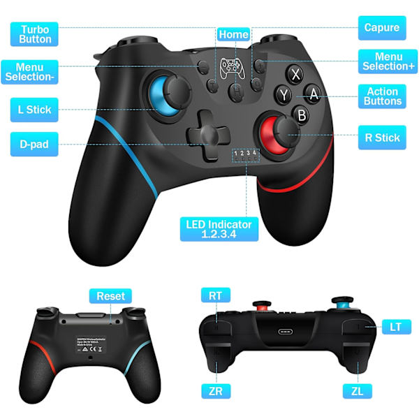 [2023 Ny Version] Controller til Switch, Trådløs Pro Controller til Switch/Switch Lite, Switch Fjernbetjening Controller Gamepad Joystick 2