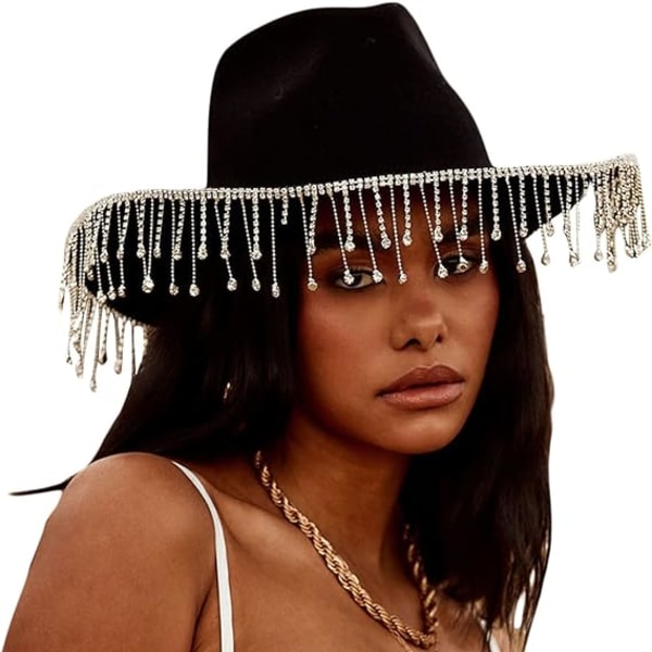 Cowboyhatt for kvinner, rhinestone-dusk vestlig stor caps for klubbfest, svart