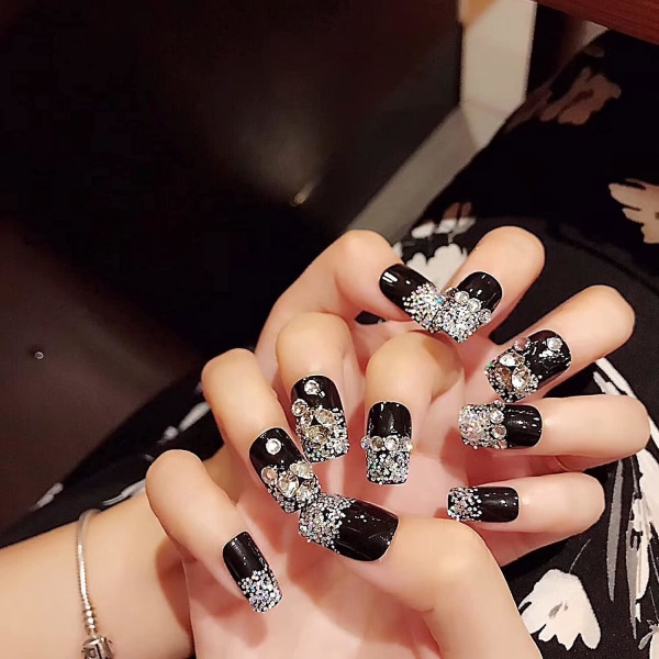 Mandelformade tryck på naglar: 24 st Flash Diamond Crystal Long Shiny Coffin Flash Falska naglar Tryck på naglar Lim Falska spetsar
