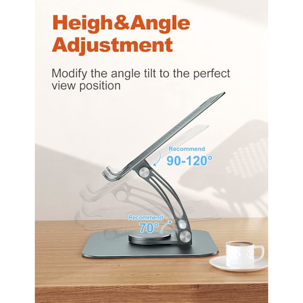 Justerbart laptopställ för skrivbord, Ergonomiskt laptopfäste med 360° roterande bas - Grå