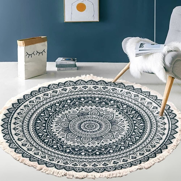 Vintage Boho Bomullsmatter Mandala Mønster Vaskbar Håndvevd Bohemsk Rundt Teppe med Kvaster for Soverom Gang Stue Kaffebord Gulvmatter