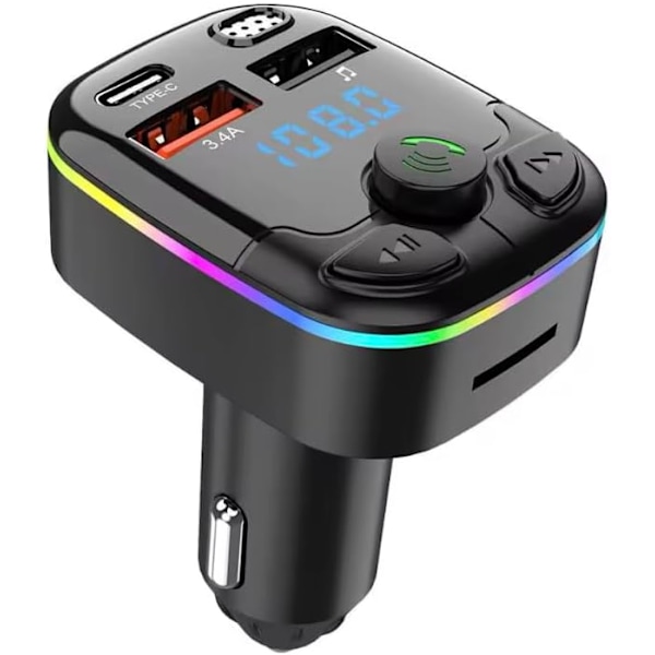Bluetooth FM-lähetin autoon, langaton handsfree-puhelu, MP3-soitin, kaksois-USB-tuki SD-kortille, USB- ja muistitikulle (lähetin + USB-C-kaapeli)